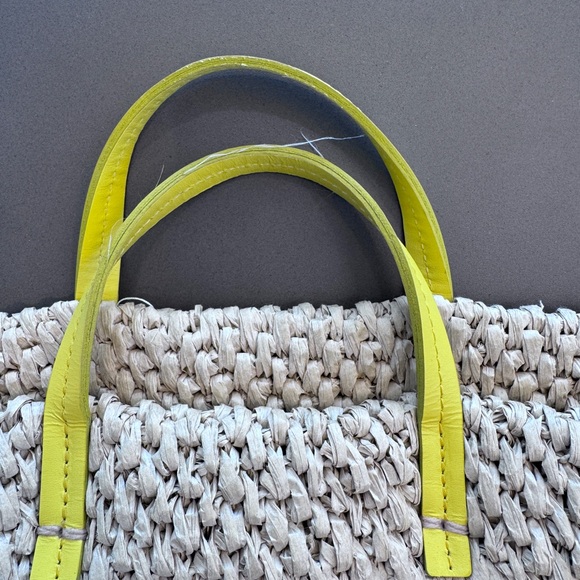 Clare V. Simple Woven Raffia Tote Bag with Yellow Straps and Denim Interior - Picture 8 of 10